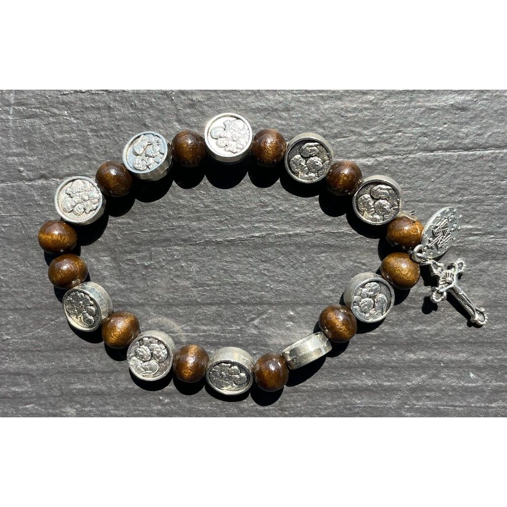 Catholic Rosary Stretch Bracelet Wood Beads 12 Saint Medallions Crucifix Medal